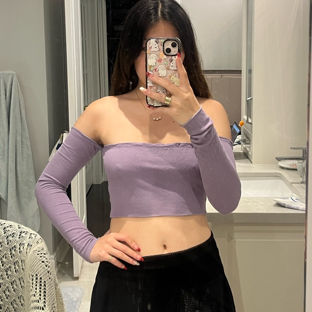 ADORABLE lavender off the shoulder reworked top